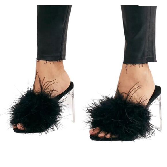 JEFFREY CAMPBELL Daisy Women's Size 8 Black Real Feathers Slip-On Acrylic Heels - Picture 1 of 8